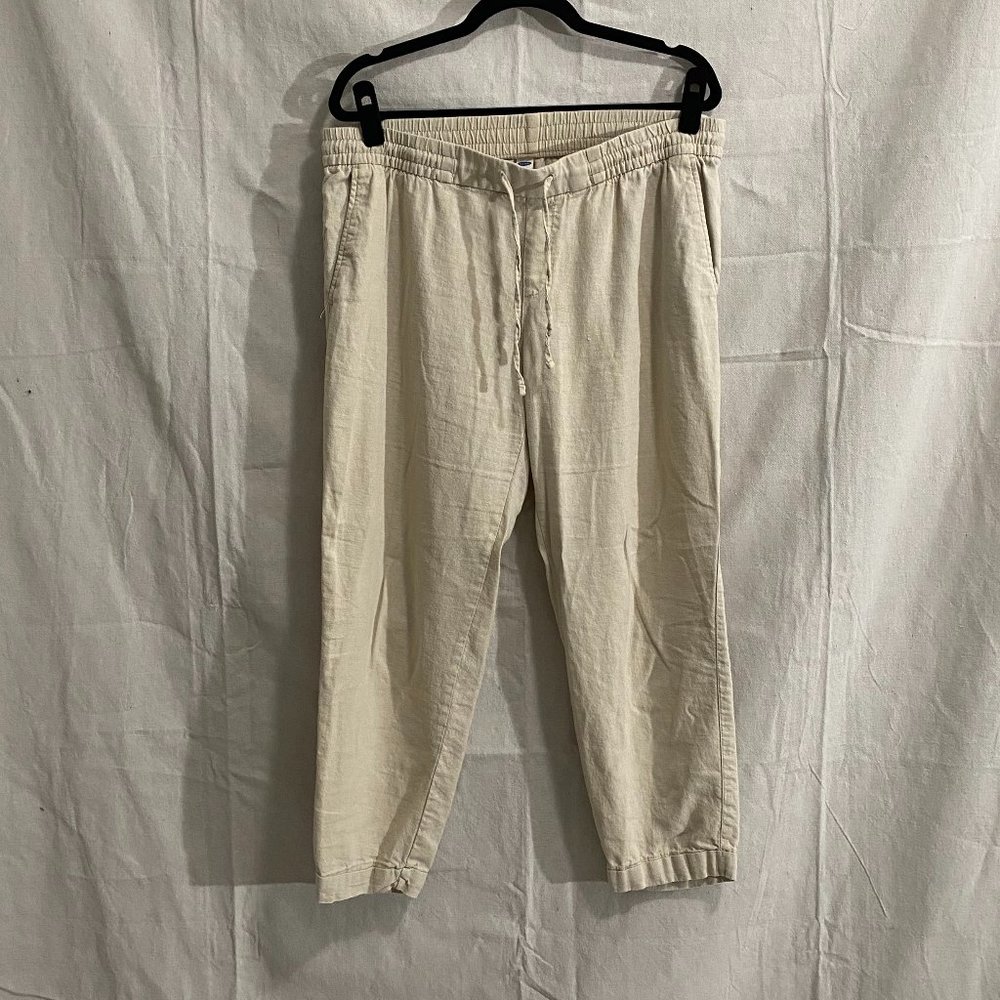 Beige Colored Linen Blend Drawstring Pants